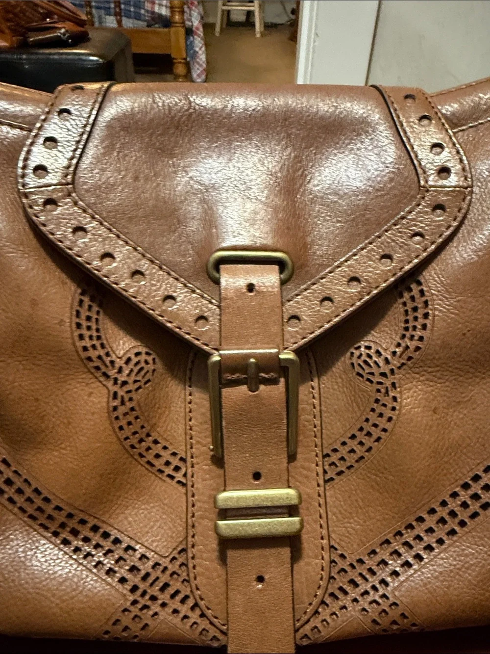 Cole Haan Brown Perforated Leather Satchel Handbag